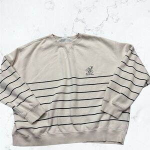 H&M Men's Beige and Black Striped Crewneck Sweater